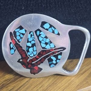 Unisex vintage pewter belt buckle,  native American or western style,w/turquoise
